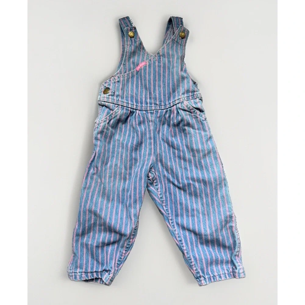 Vintage OshKosh Vestbak Overalls Denim Blue Pink Stripe Girls Sz 2T Made In USA